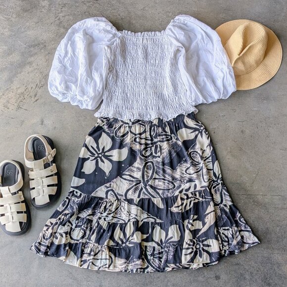 Jams World Black Ivory Sandshell Floral Tiered Mini Skirt large - Picture 1 of 10